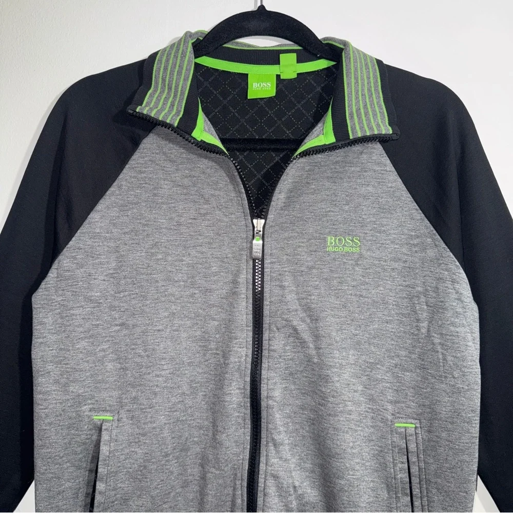 Hugo‎ Boss Full Zip Track Jacket Gray Black Green Trim Size Small